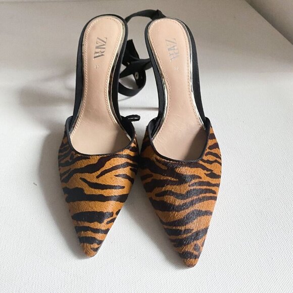 Zara Tiger Stripe Print Ankle Strap Pointy Toe Heels 37 - Picture 5 of 12